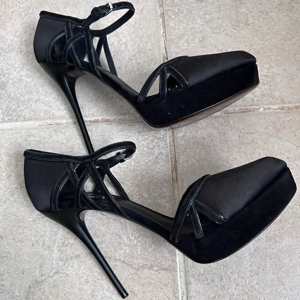 Calvin Klein Collection Black Satin Suede Platform Pumps with Strap‎ Size 9 8.5